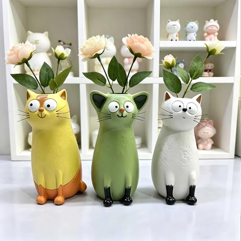 Quirky Cute Kitten Resin Vase Desktop Animal Shaped Flower Holder Home Office Desk Decor Unique Gift