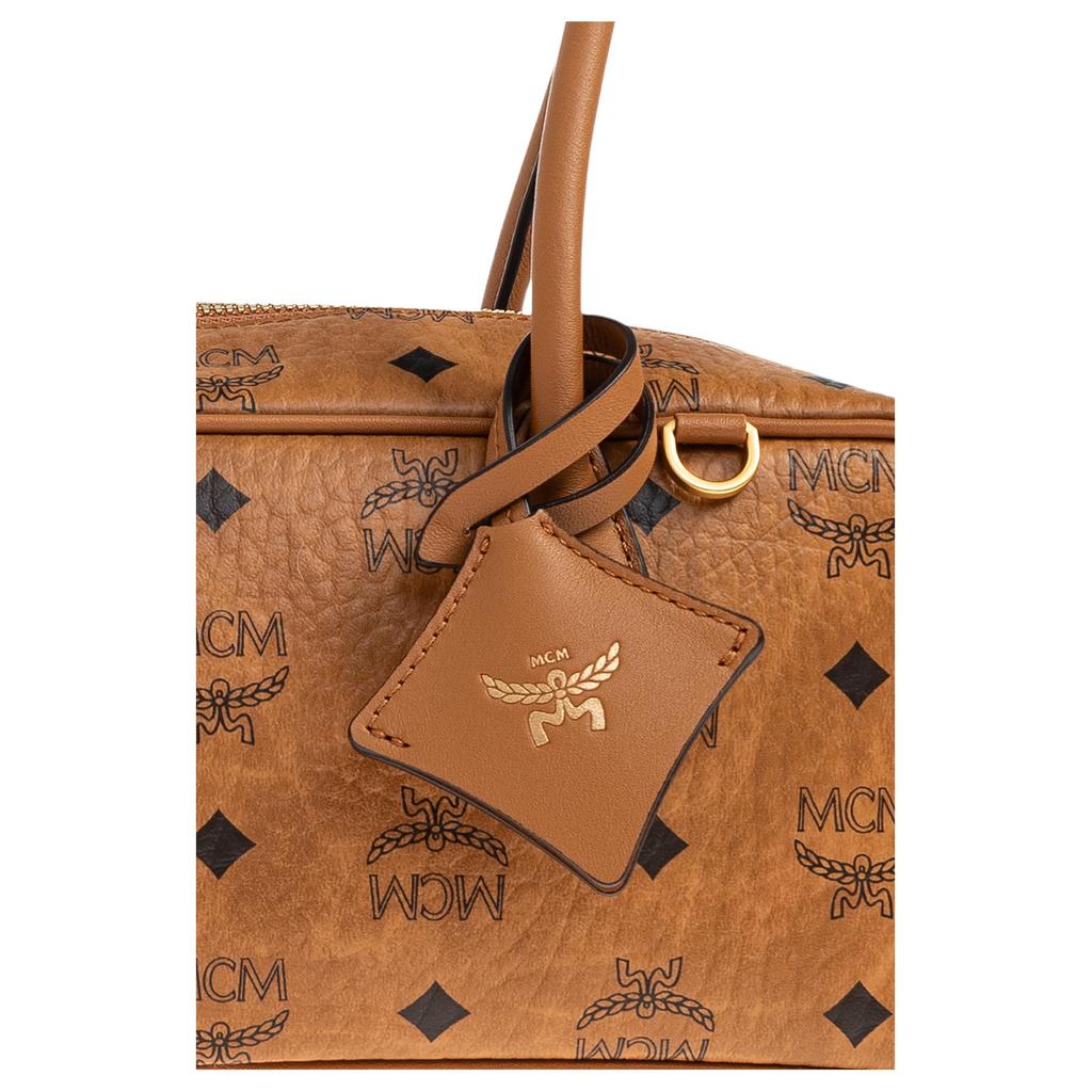 MCM Visetos Cognac Leather Barrel Shoulder Bag with Gold Hardware for Daily Use