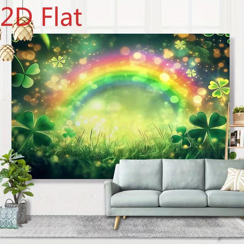2D St. Patrick's Day Backdrop, Green Clover & Glitter Rainbow Photography Banner
