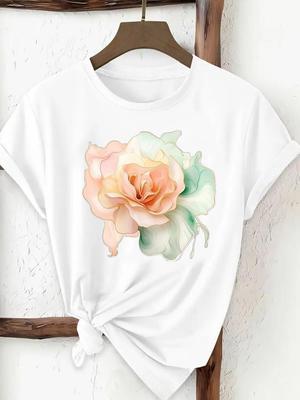 (Asiatische Größe) Frauen Top Mode Frauen niedlicher Blumenstil Kleidung T-Shirt Weiblich Kurzarm Grafik T-Shirts Print T-Shirt