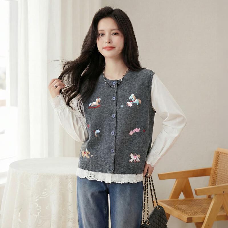 SIBOSHE Women's Round Neck Cartoon Embroidered Wool Blend Knitted Vest