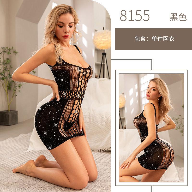 Suspender Sexy Lingerie Hot Drill Hollow Sexy Mesh Coat Large Size One-piece Open Net Socks
