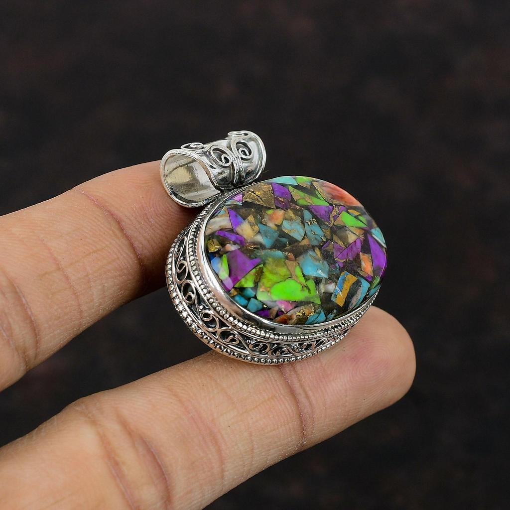 Fiesta Kingman Türkis-Anhänger, Multi-Kupfer-Türkis-Anhänger, zierlicher Edelstein-Schmuck, 925er Sterlingsilber-Anhänger, handgefertigter Vintage-Anhänger