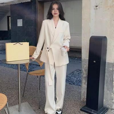 2 Pcs/Set Lady Formal Coat Pants Set Long Sleeves Button Strap Closure V Neck Cardigan Mid Length Jacket Straight High Waist Tro