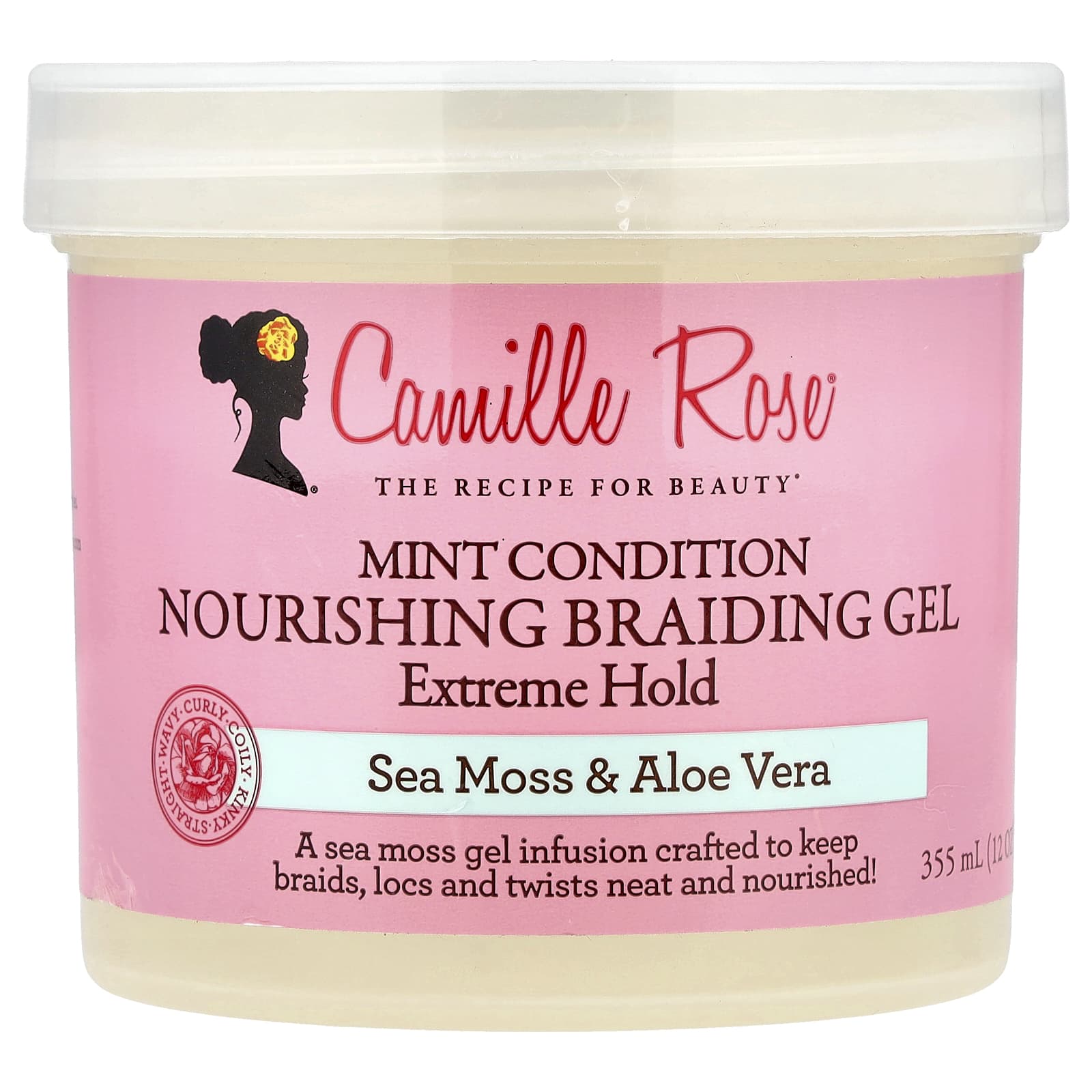 

Camille Rose, Mint Conditioning Nourishing Braiding Gel, Extreme Hold, Sea Moss & Aloe Vera, 355 ml (12 oz)