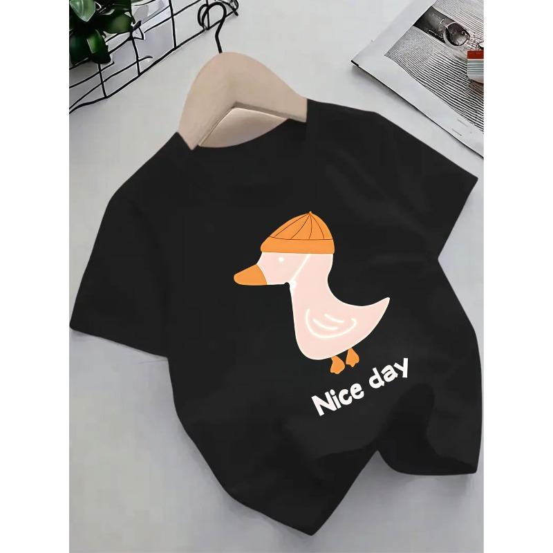 European Sizes Girls' Cute Duck Print Short Sleeve T-Shirt - Summer Yellow Top with Pink Duck & Day Text, Lightweight Round