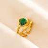 Green Striped Stone Vintage Gold Color Stainless Steel Open Adjustable Rings For Women Men Accessories Finger Jewelry Sun Flower