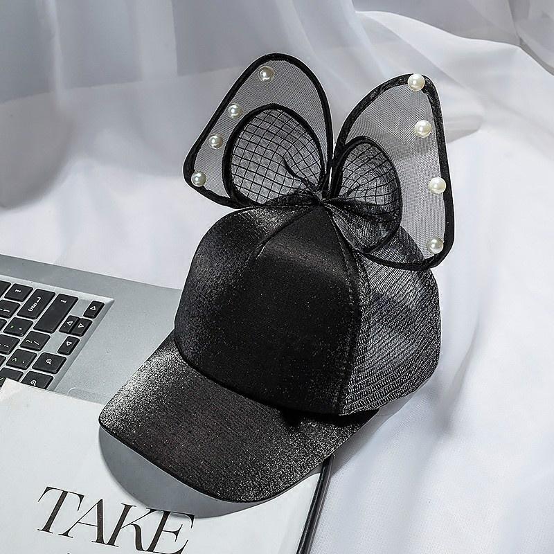 Big Bow Summer Kids Black White Pink Lace Floral Ear Baseball Caps With Children Sun Hats Princess