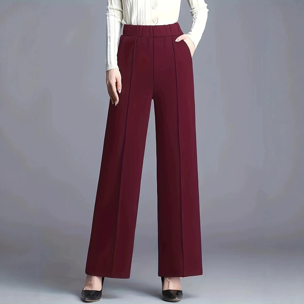 Women's High Waist Solid Color Wide Leg Pants Casual Elastic Waist Business Trousers