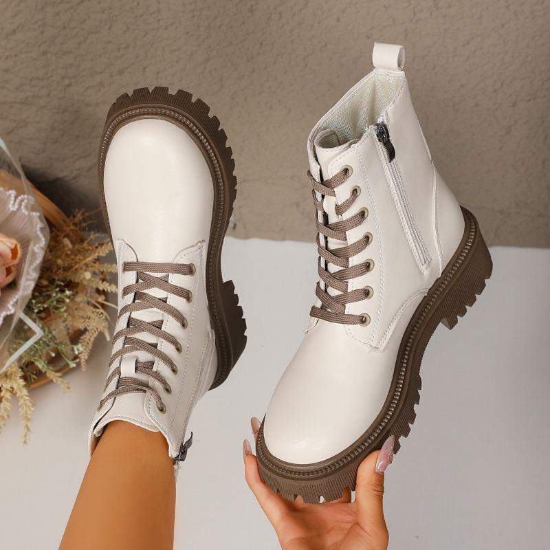 Fashion Fall New Block Heel Round Toe Lace-Up Front Side Zipper Platform Anti-Slip Wear-Resistant Short-Thigh Boots