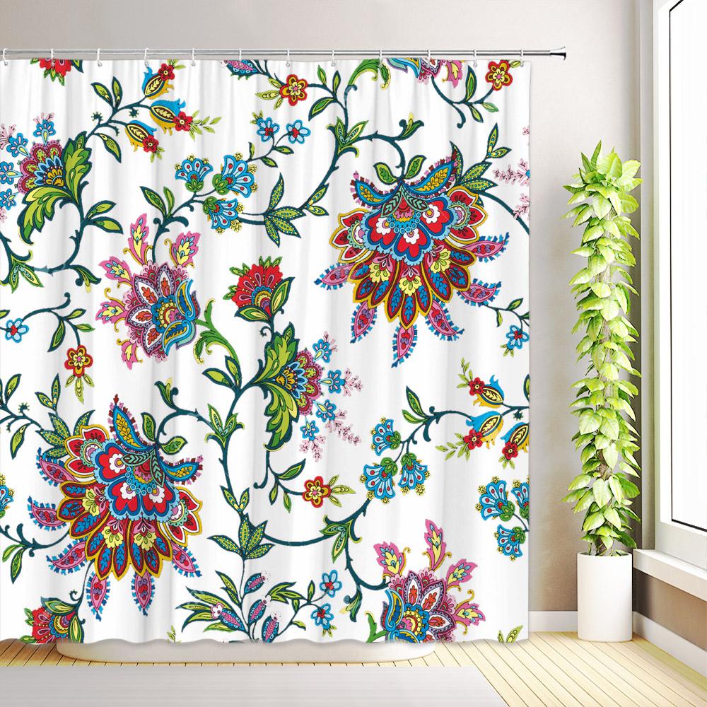 Boho Floral Shower Curtain Hummingbird Modern Abstract Flowers Plant Tropical Leaves Butterfly Bathroom Curtains with Hooks