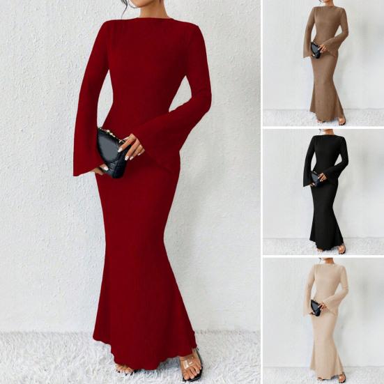 Women's Bell Long Sleeve Bodycon Maxi Dress Mock Neck Slim Fit Party Cocktail Dress Fall Wedding Guest Dress