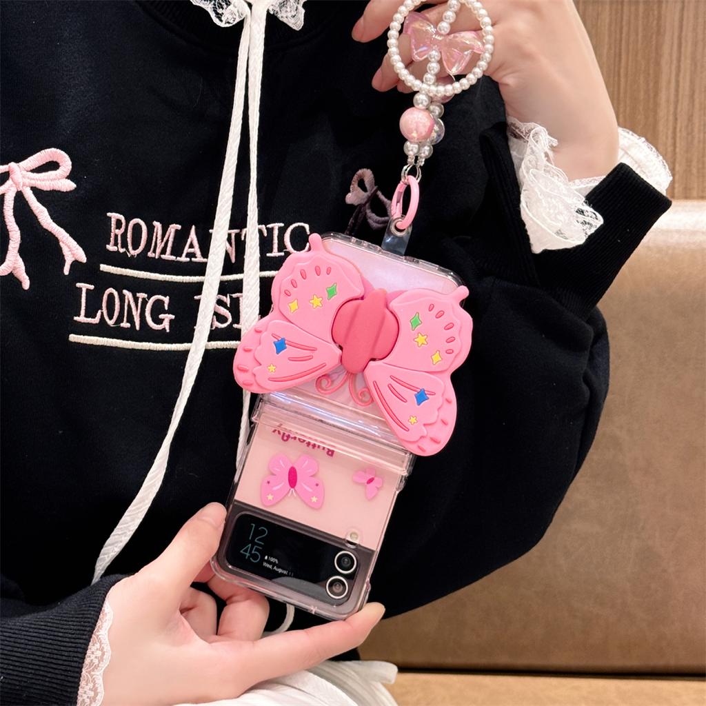 Korean Cute Transparent Pink 3D Butterfly Holder Phone Case for Samsung Galaxy Z Flip3 5G Z Flip5 Flip4 Back Protection Cover