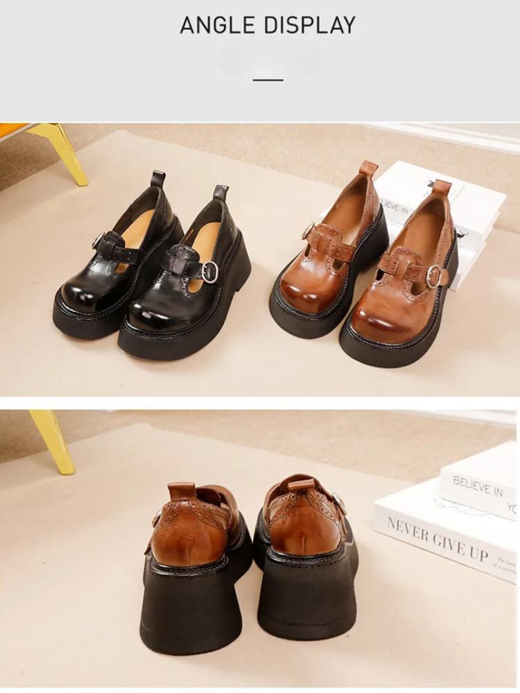 Johnature Retro Thick Soled Pumps Genuine Leather Wedges Shoes Round Toe Versatile Women's Platform Shoes
