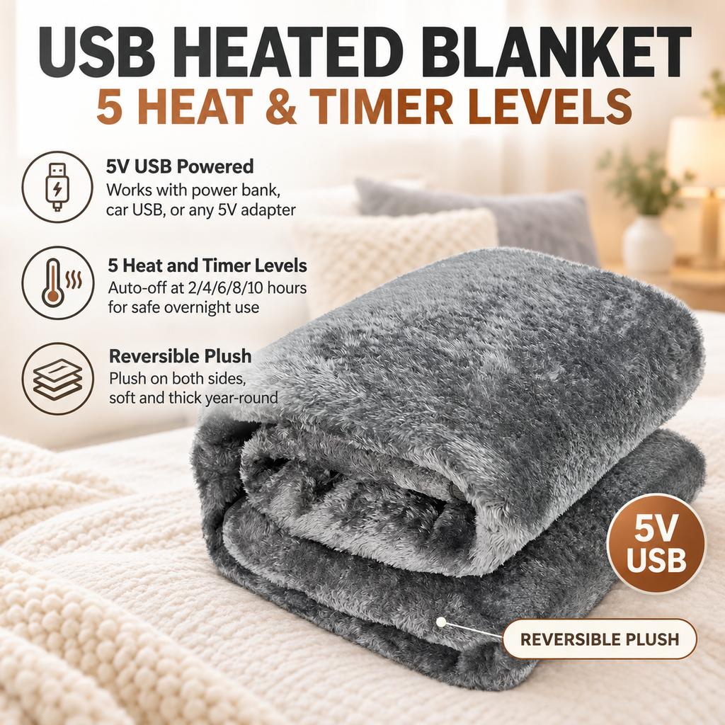 USB Electric Heated Blanket Throw, 5V Low Voltage, 5 Heat Levels and Auto-Off Timer, Soft Reversible Plush, Single Size Gray