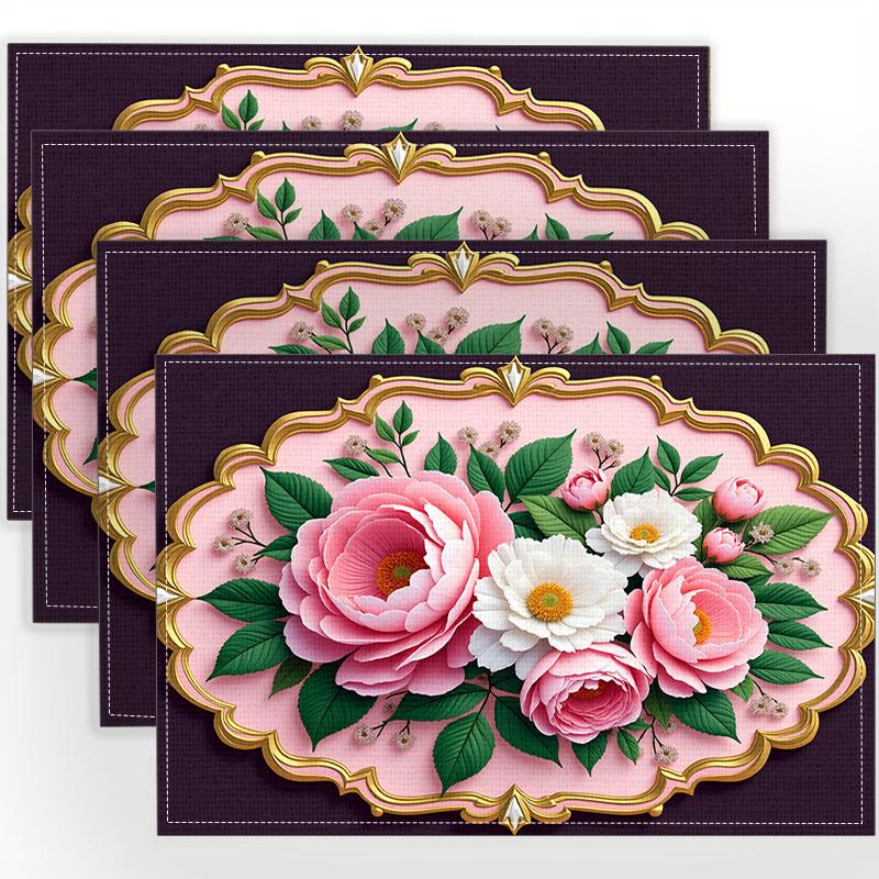 4pcs/6pcs Christmas Decorative Linen Placemats, Featuring a 2D Flat Pattern Print with Pink Borders And Floral Designs. The Pink Borders Paired with