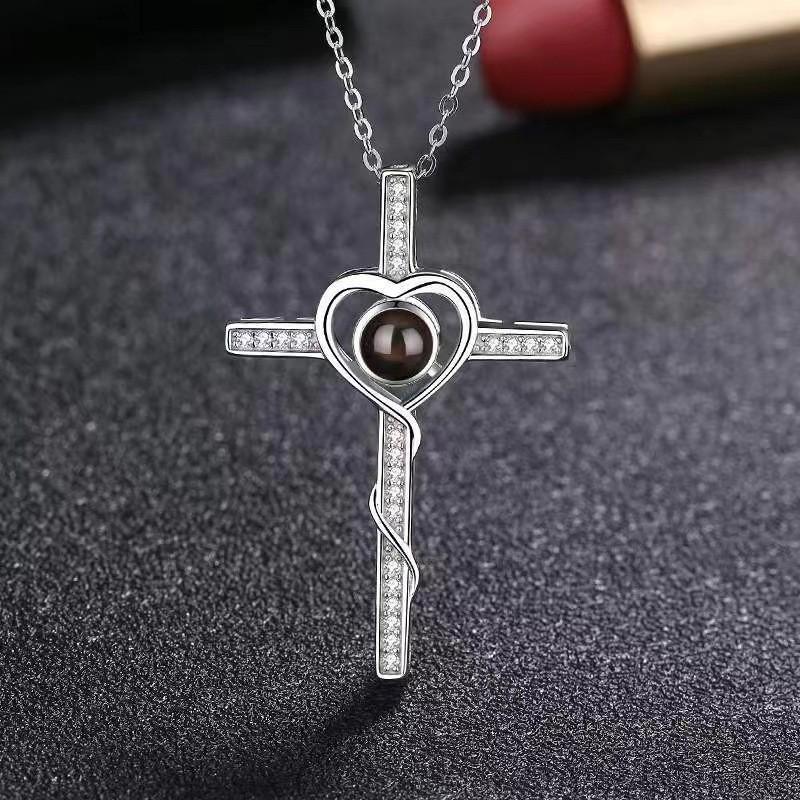 100 Languages 'I Love You' Projection Cross Necklace - Titanium Steel and Copper Clavicle Chain Pendant