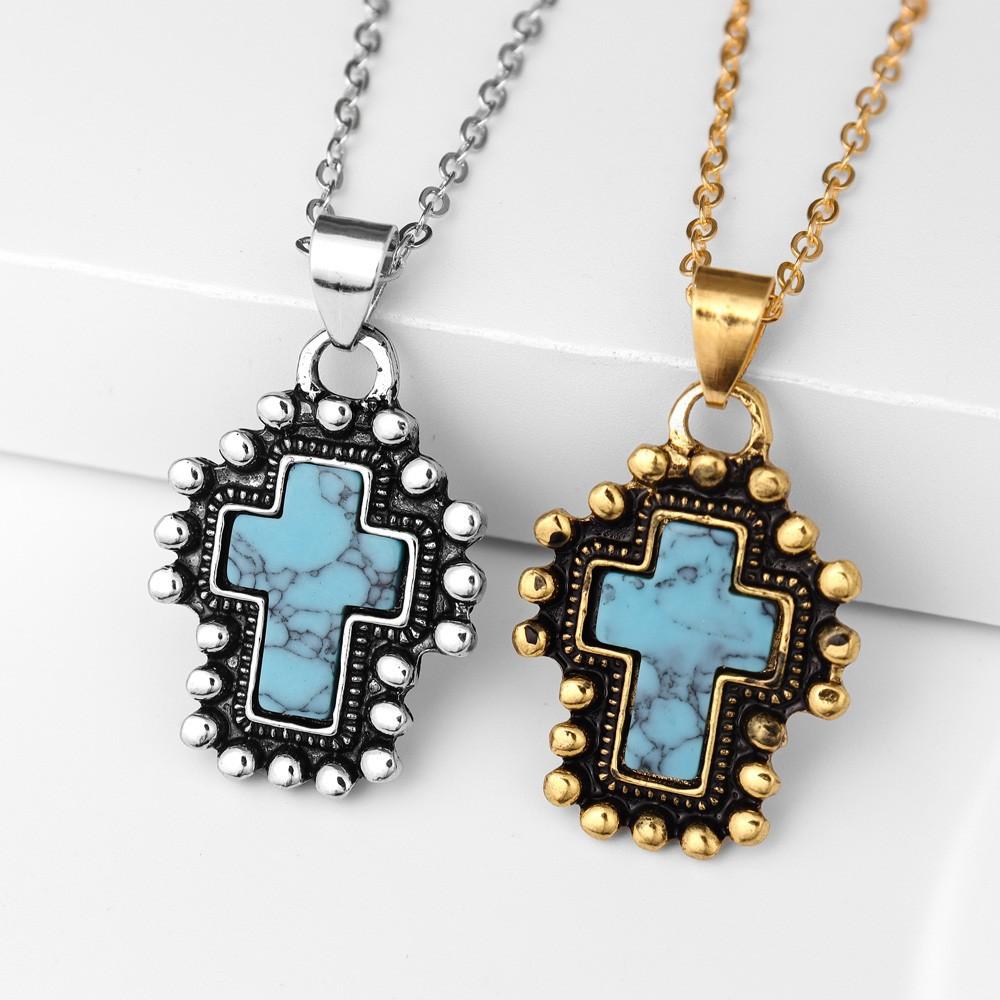 Retro Distressed Bohemian Style Cross Trend Turquoise Pendant Necklace