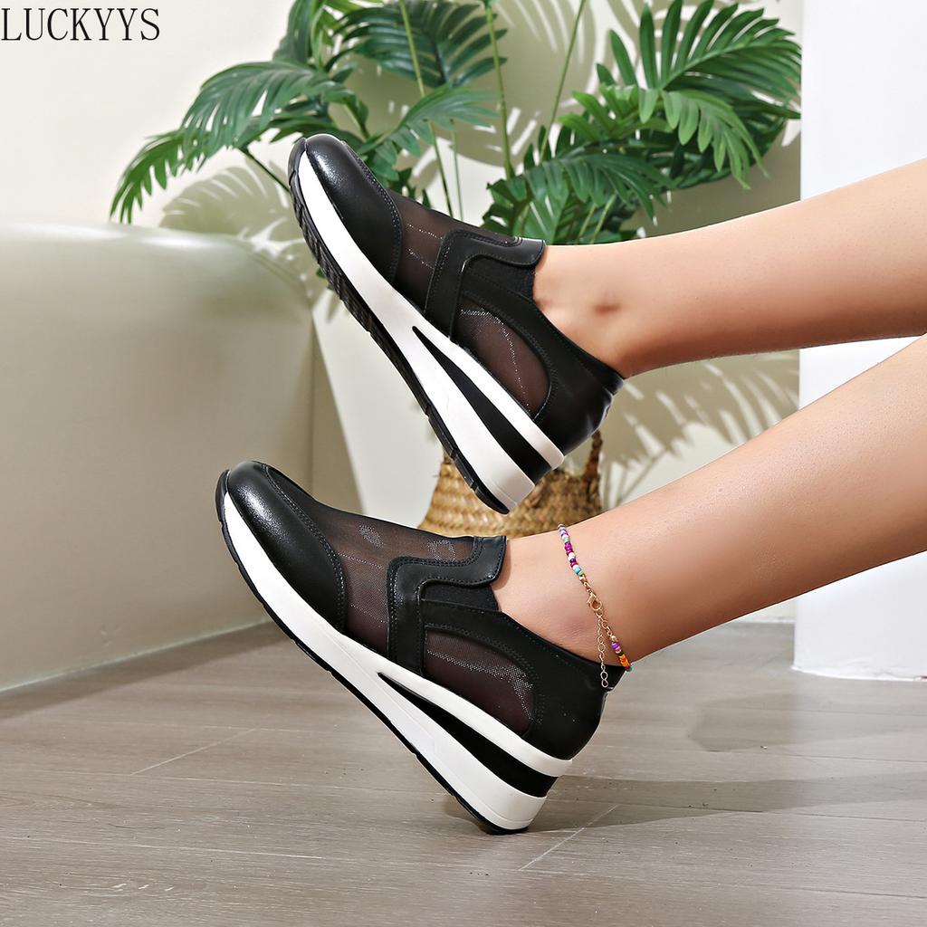 Fashion 2025 Spring Slope Heel One-pedal Sports Single Shoes Women's Flats Thick-soled Breathable Mesh Casual Shoes Large Size Sneakers