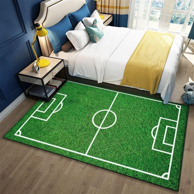 VIKAMA Kids Soccer Field Floor Mat Green Football Pitch Pattern Non Slip Washable Carpet Boy Bedroom Play Area Indoor Home Decor