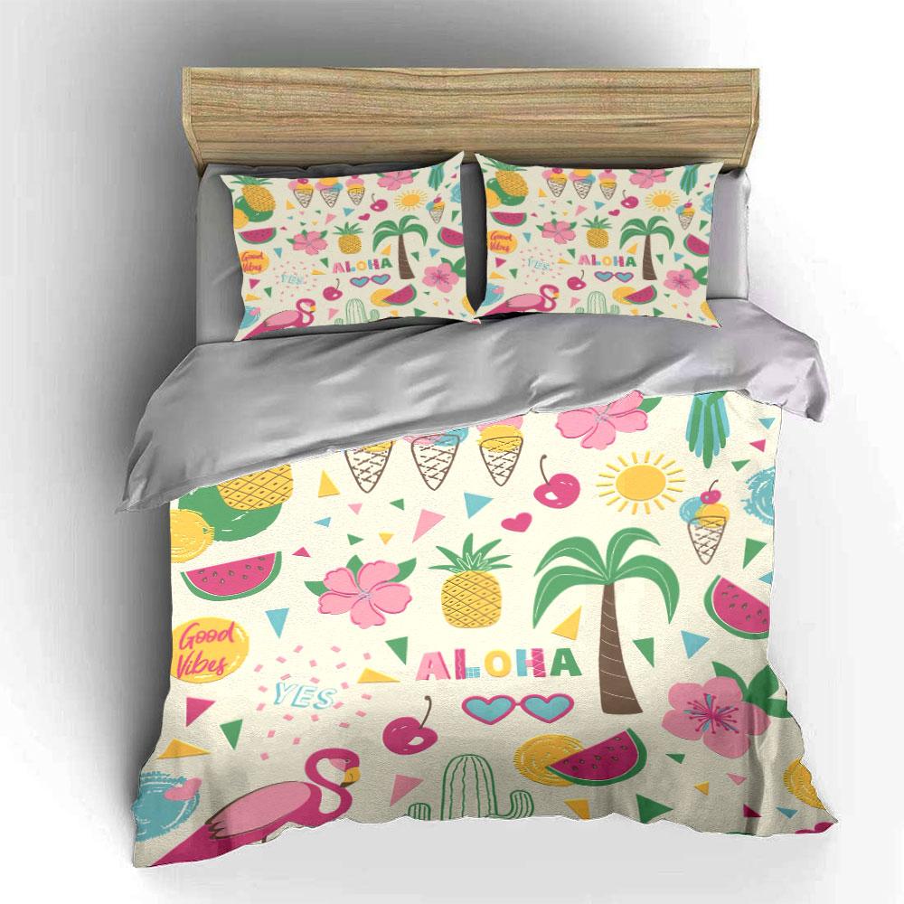 Tropical Aloha Flamingo Pineapple Watermelon Bedding Set 3pcs Summer Cute Fruit Palm Tree Print Duvet Cover Bed Linen