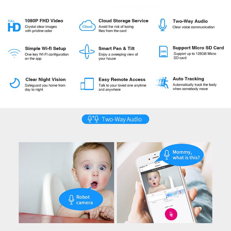 1080p Roboterkamera, Automatische Verfolgung Nachtsicht Mini-Kamera, Indoor Babyphone, WLAN Überwachungskamera