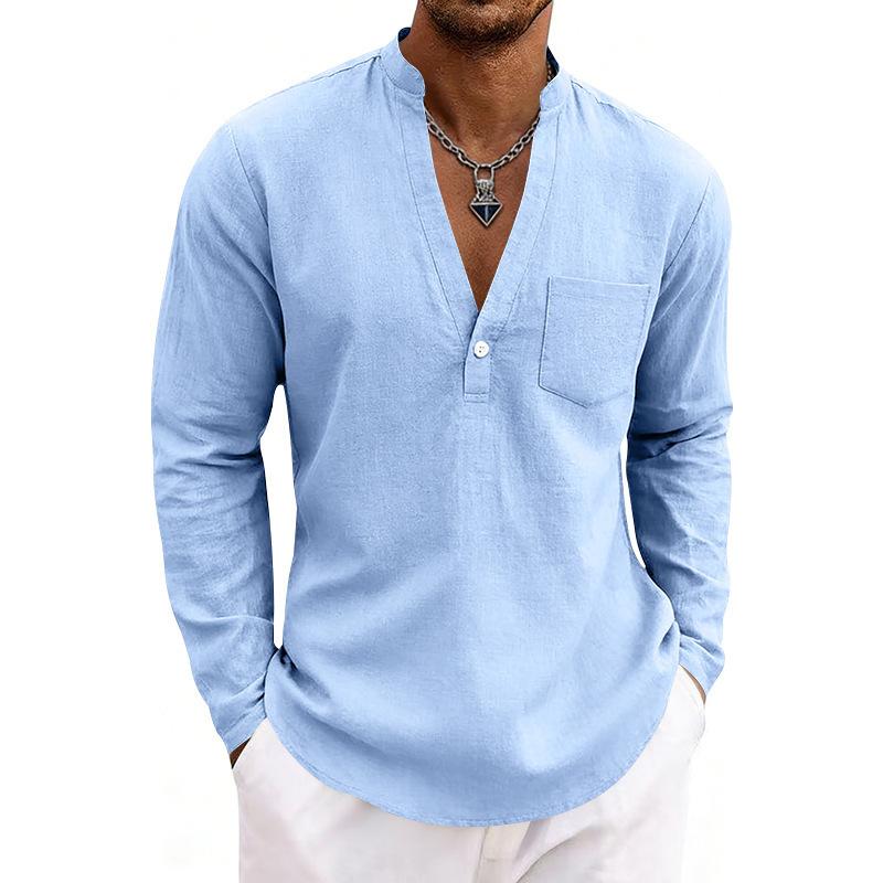 Loose-fit, breathable men’s casual linen shirt with a wide V-neck and a stand-up collar, ideal for outdoor wear