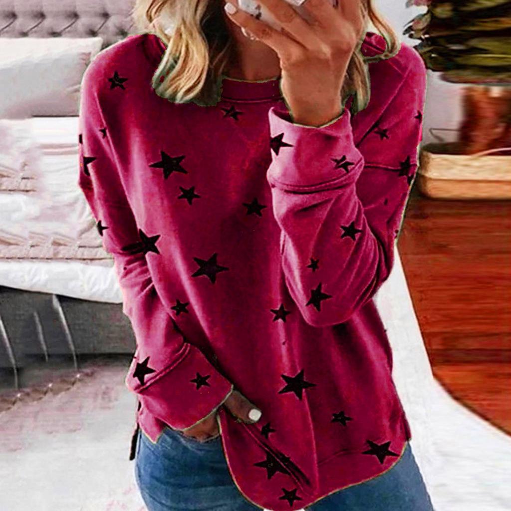 Women Round Neck Long Sleeve Star Print Side Split Pullover Sweatshirt