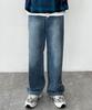 Singkeolupeu Vintage Texture Washed Semi-Wide Denim Pants [Medium Indigo]