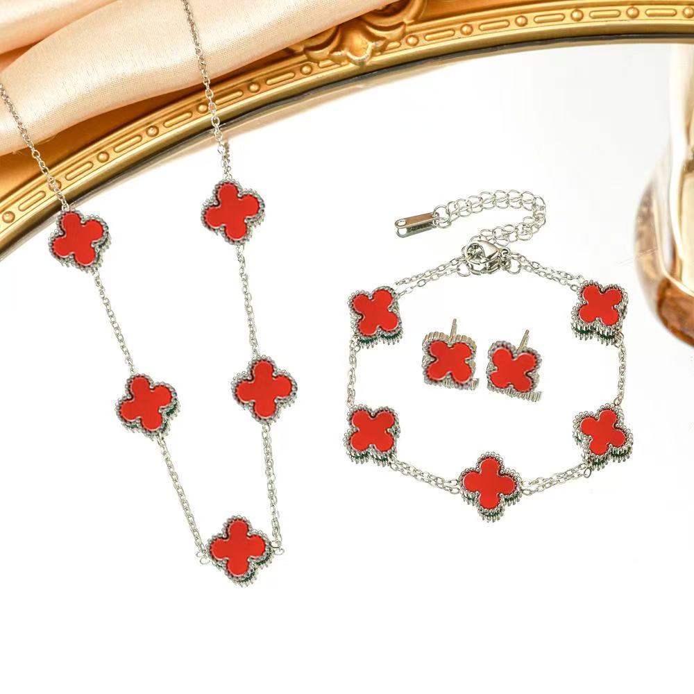 3PCS Titanium Steel Non Fading Double-sided Clover Necklace Bracelet Earring Set