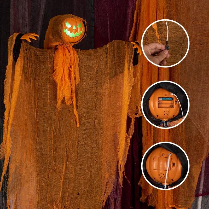 1PC Halloween Pumpkin Party Decoration Hanging Head Green Light Rotating Pumpkin Glowing Sound Hanging Prop Courtyard