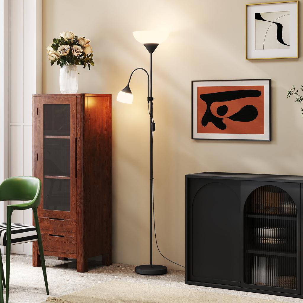 LED Floor Lamp for Living Room, 180cm Tall Standing Lamp, Mother and Child Uplighter with Adjustable Gooseneck, Black