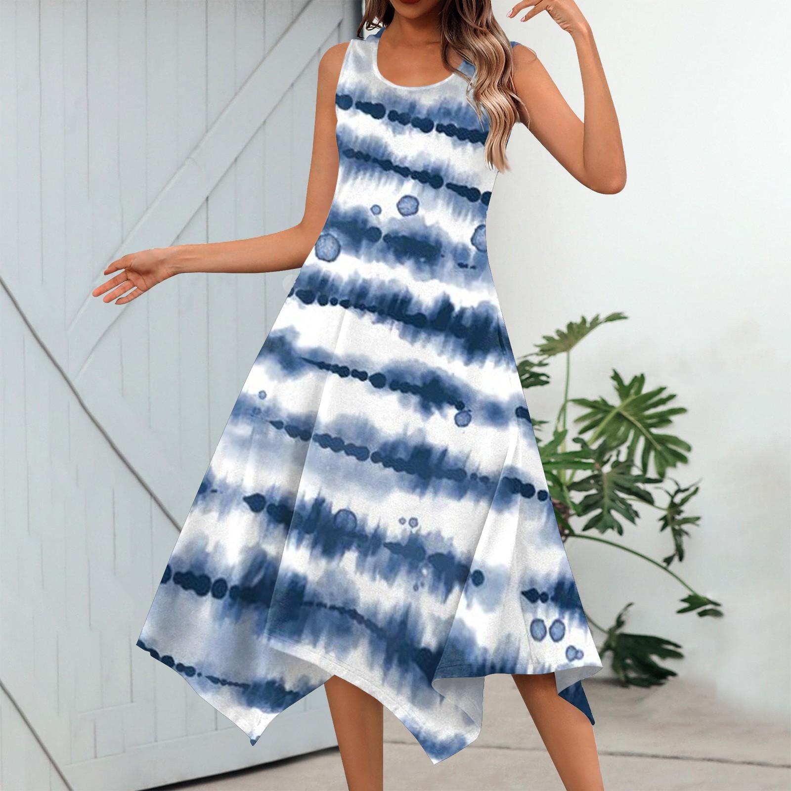 

Жіноча повсякденна модна сукня міді з круглим вирізом і квітковим принтом без рукавів із нерівним подолом S