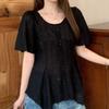 Irregular Women's Shirt Round Neck Hollow Design Single Breasted Solid Color Female Shirts Summer Casual Fashionable Ladies Thin Short Sleeved Top