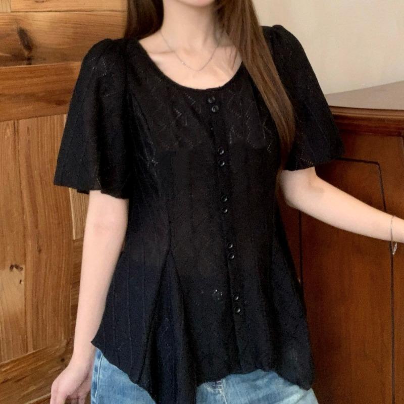 Irregular Women's Shirt Round Neck Hollow Design Single Breasted Solid Color Female Shirts Summer Casual Fashionable Ladies Thin Short Sleeved Top