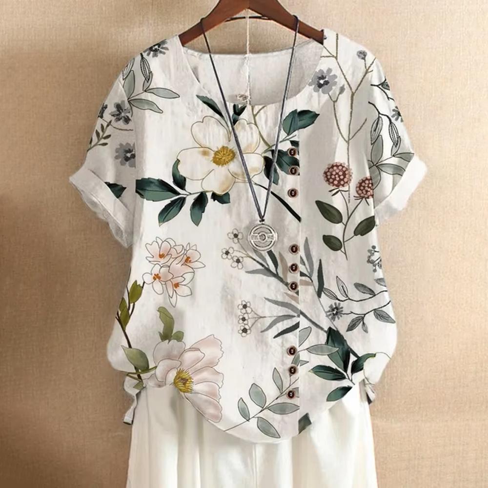 

Summer Artistic Style Loose Short Sleeve T-Shirt for Women Round Neck Printed Button Top for Commute, Work & Daily S