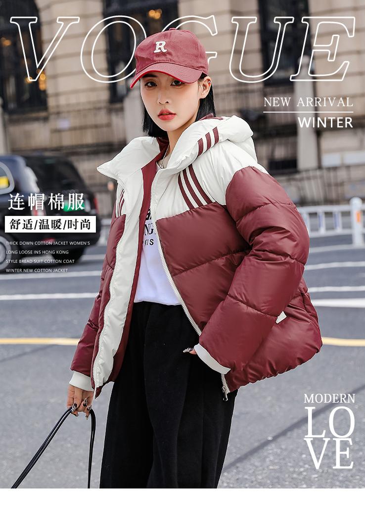 Short hooded color matching winter new down cotton thickened bread fashionable loose cotton coat