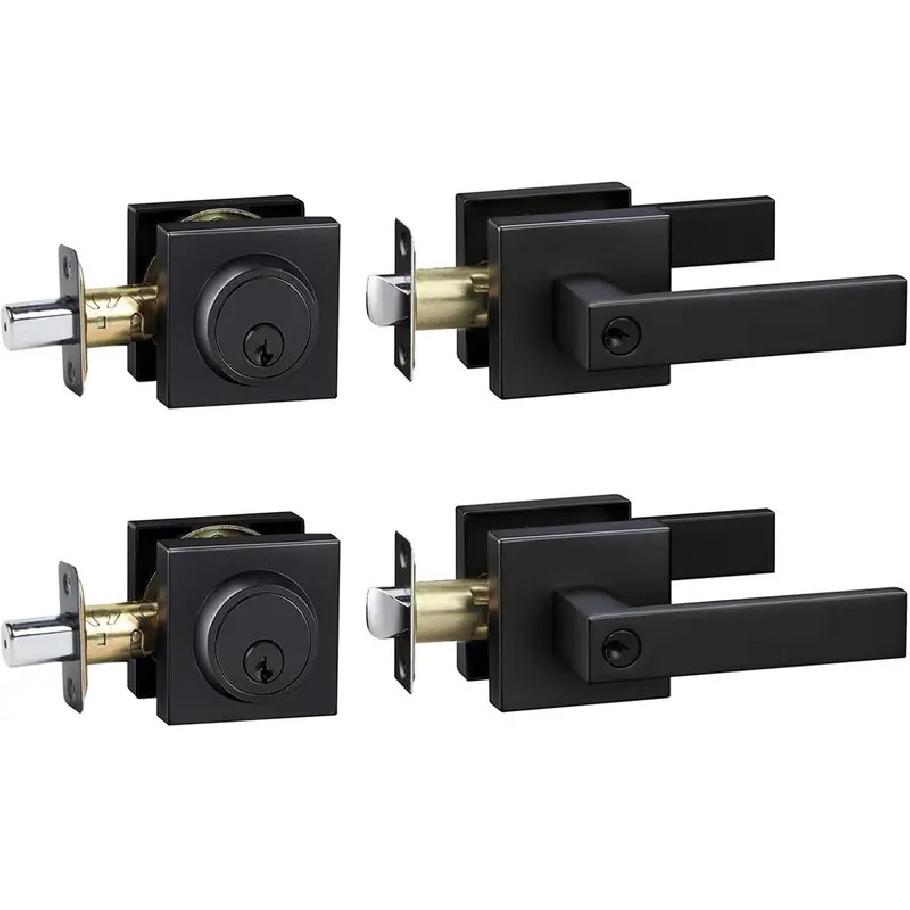 Heavy Duty Black Door Handle and Deadbolt Lock Set, Keyed Alike for Front Door, Matte Black Finish, 2-Pack