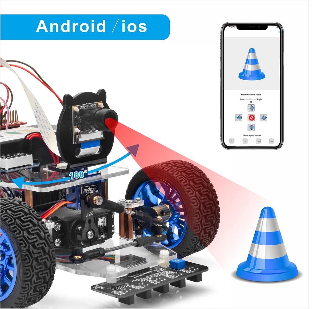 OSOYOO Servo Steering Smart Robot Car with Camera for Raspberry Robot Car Kit for Programming and Uses Python Code To Make Coding Easier and Faster To