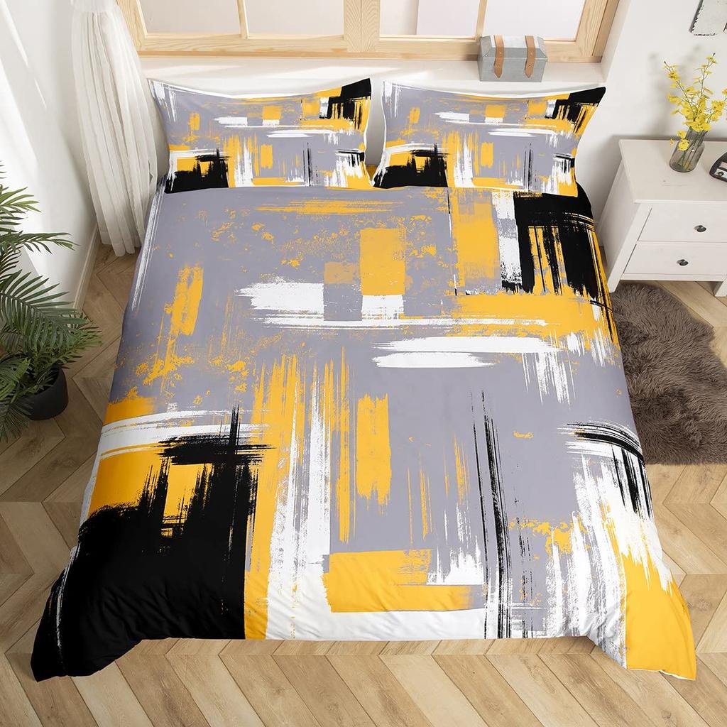 Yellow And Grey Themed Duvet Cover Sets Queen Lightweight Down Quilt Covers Bedroom Decor Abstract Art Bedspread Covers No Quilt