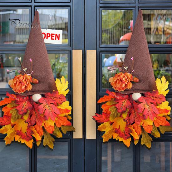 Thanksgiving Fall Gnome Wreath Pointed Hat Realistic Maple Leaves Flower Indoor Outdoor Wall Door Hanging Autumn Artificial Garland Harvest