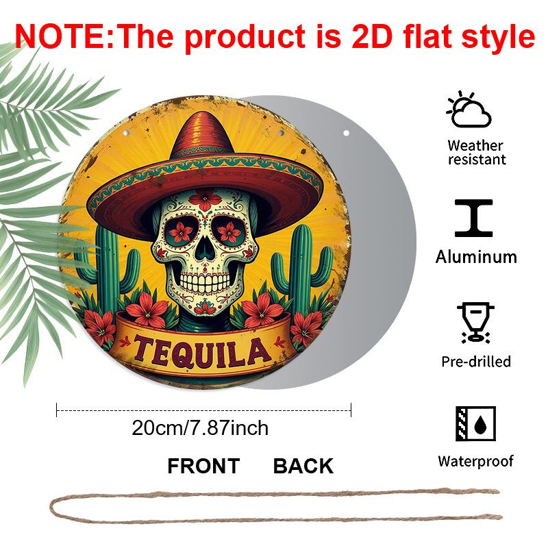 2D Flach, 1 Stück Retro Mexikanisches Bar Schild - Tequila-Thema Runde Aluminium Wandkunst mit Sombrero, Kakteen und Blumenmustern - Perfekt für Zuhause