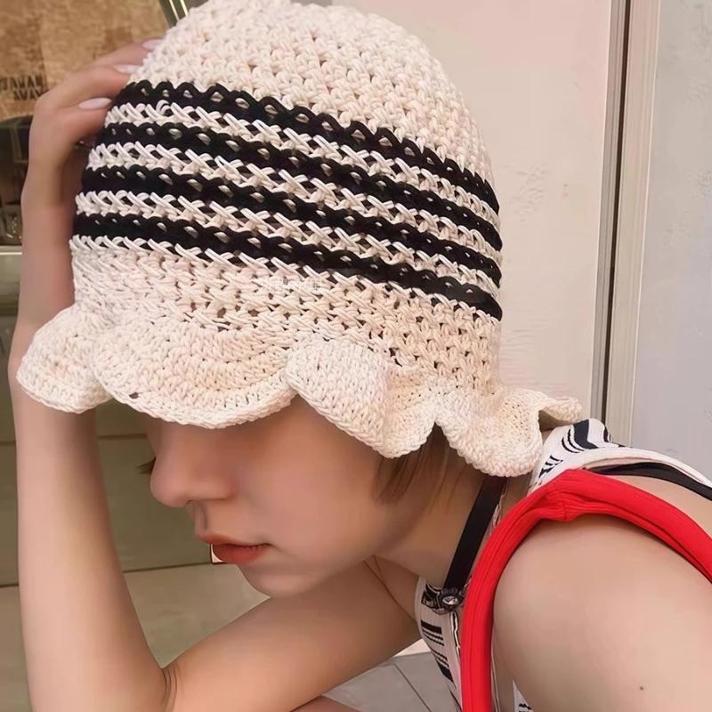 Y2K Korean-Japanese Hand Bucket Crochet Bucket Hats For Women Spring Autumn Winter Sun Cap Female Bow Designer Bob Basin Gorro