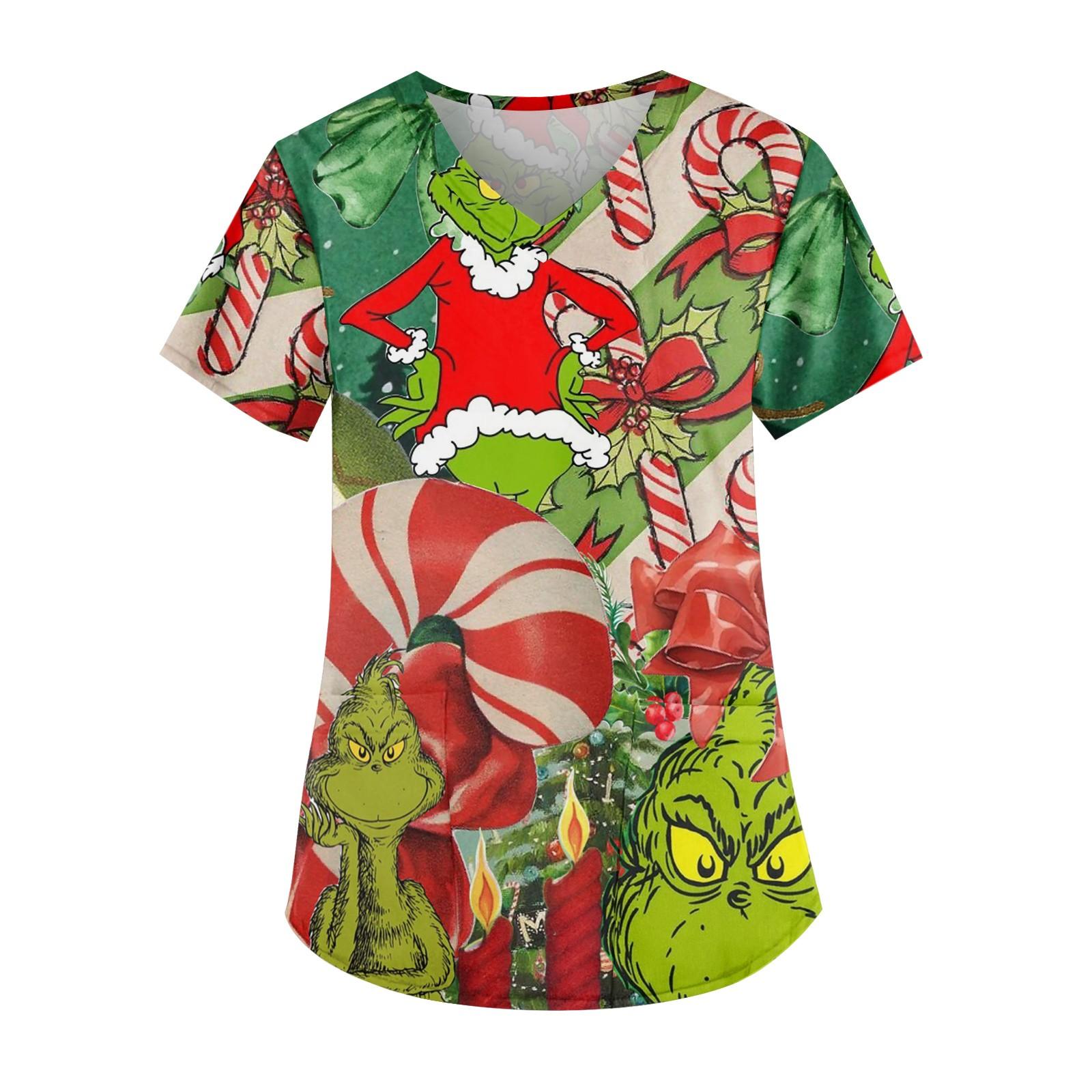 

Робоча уніформа з принтом великого розміру Топи для жінок з хрестовим V-подібним вирізом і короткими рукавами Веселі футболки Робочий одяг Футболка з кишенями XXXXXL