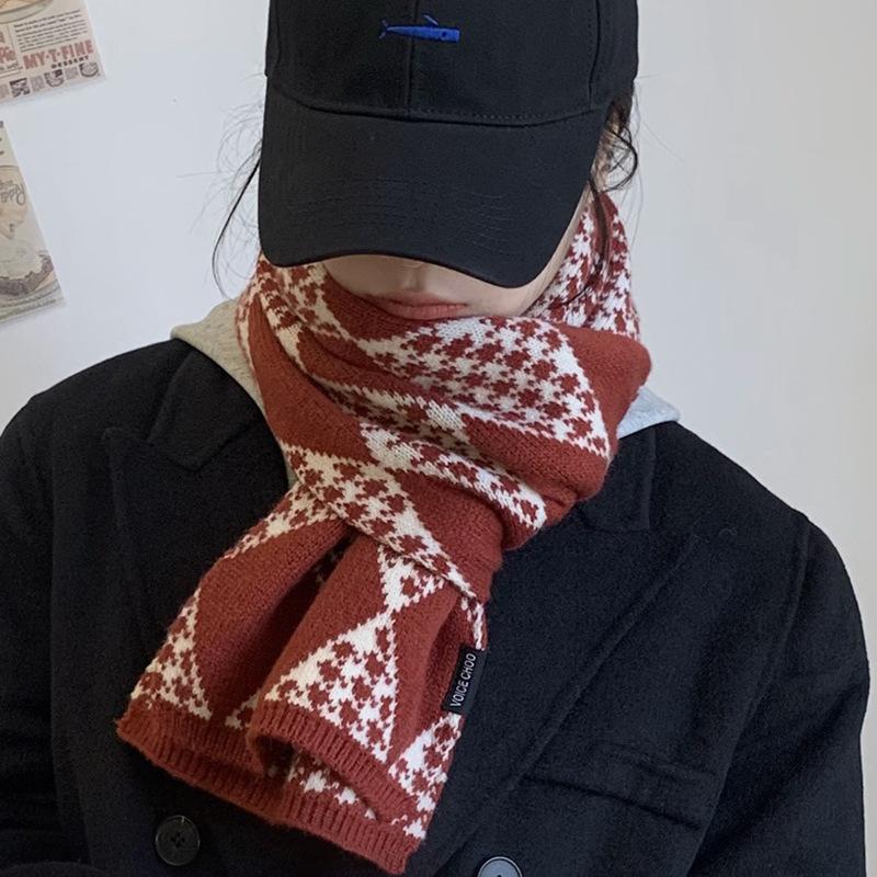 Red Scarf for Women Winter Knitted Wool Student Plaid Thickened Warm Korean Version Versatile Birthday Gift Scarf Trendy
