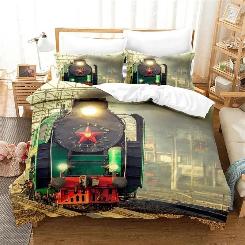 Top New Train Duvet Cover Full Size Boys Steam Engine Bedding Set Microfiber 3D Rail Vehicles Comforter Cover Room Decor
