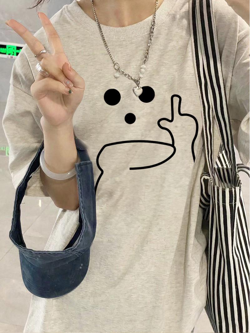 

2025 Новая летняя женская белая футболка из чистого хлопка с прямым плечом, короткими рукавами и свободным кроем L серый/белый