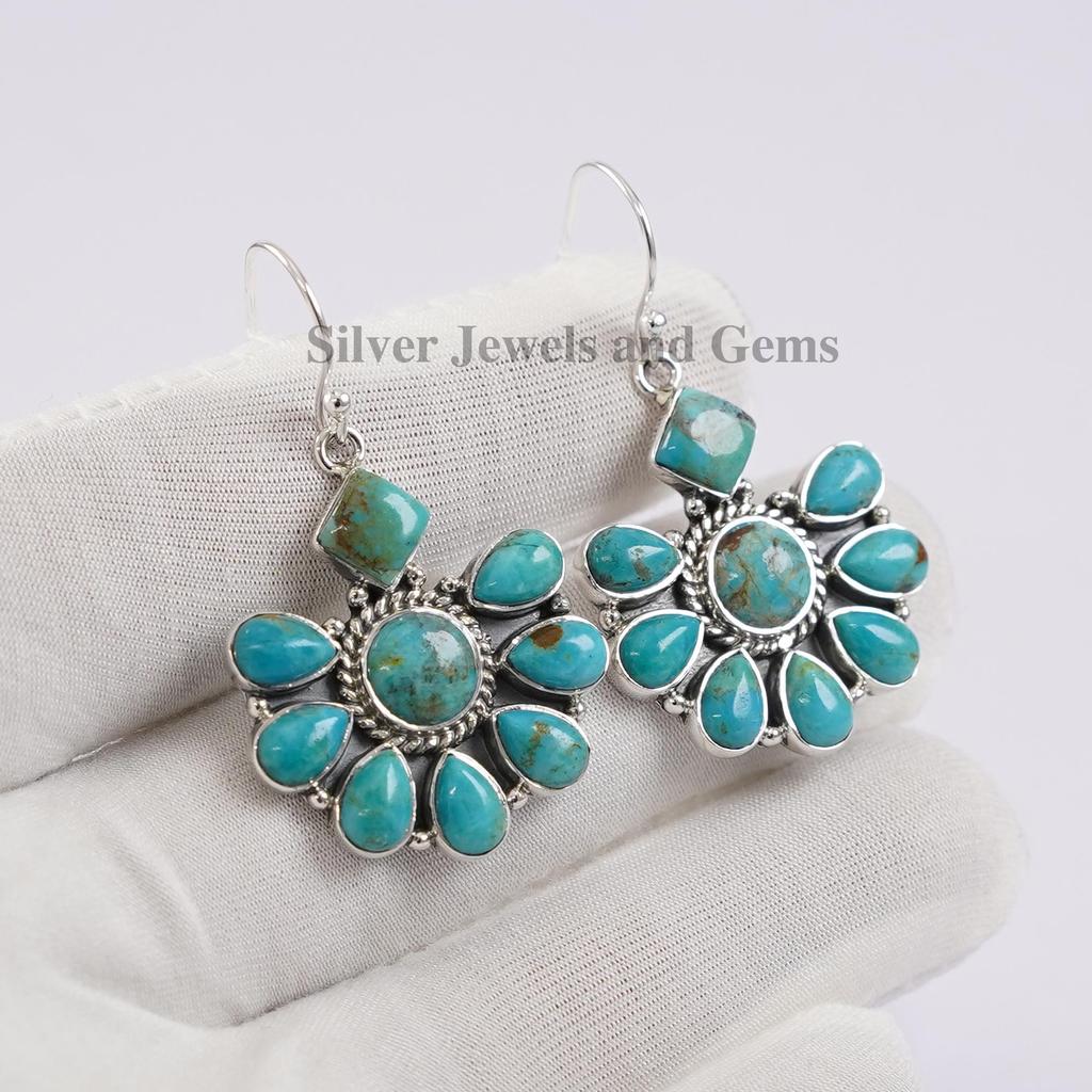 Kingman Turquoise Earring, Birthday Earring, 925 Sterling Silver Earring, Hanging Turquoise Earring, Multi Stone Earring, Handmade Earring