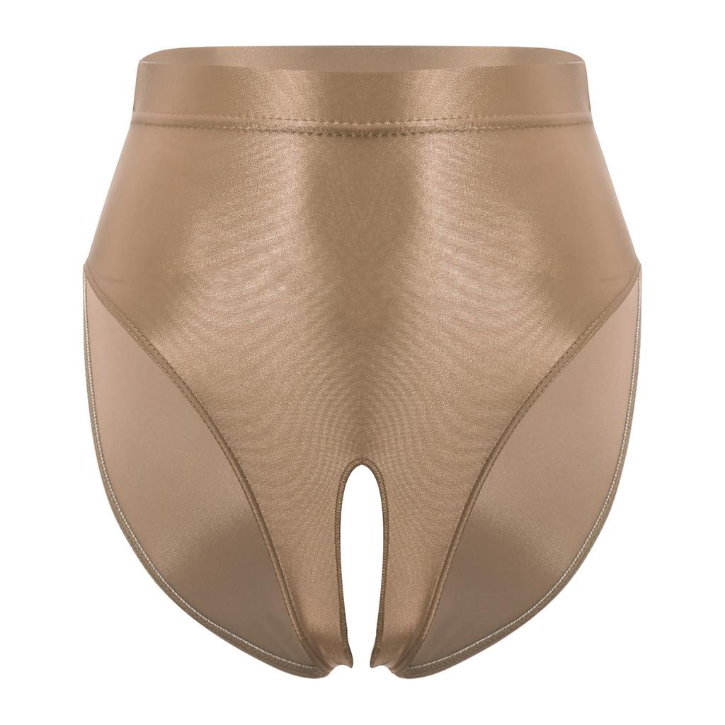 Womens Glossy Stretchy Panties High Waist Open Crotch Design Elastic Waist Sexy Underwear Lingerie