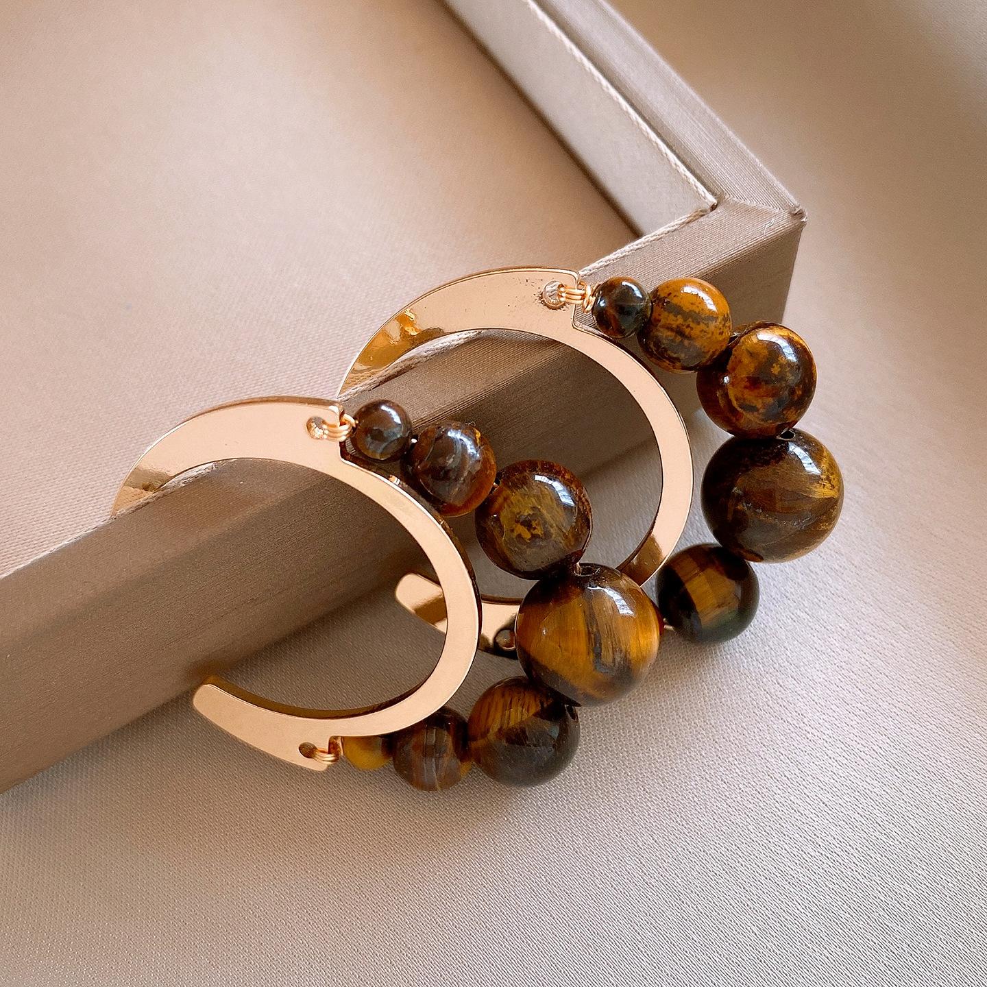 

European and American retro Maillard round tiger s eye stone earrings, stud earrings, personalized earrings, women